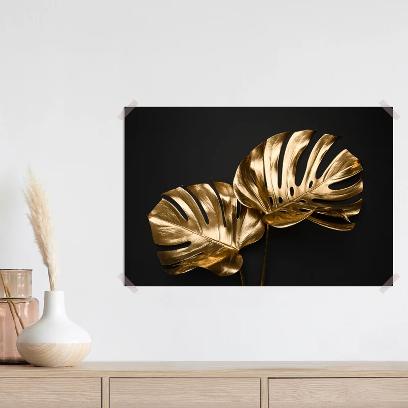 Poster goldene monsterablätter auf schwarzem hintergrund • Poster bei Wallnifity® Poster goldene monsterablätter auf schwarzem hintergrund • Poster bei Wallnifity®