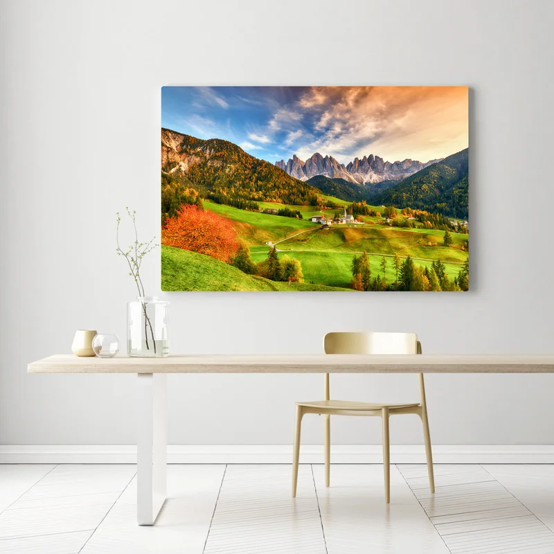 Leinwandbild herbstlicher sonnenuntergang über Santa Maddalena, Dolomiten Leinwandbild herbstlicher sonnenuntergang über Santa Maddalena, Dolomiten