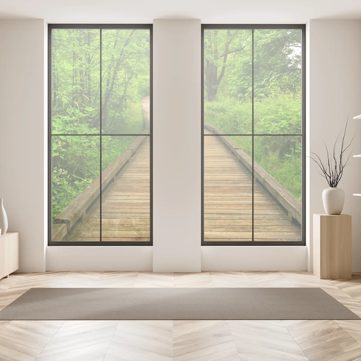 Fensteraufkleber ruhiger holzsteg im wald Fensteraufkleber ruhiger holzsteg im wald