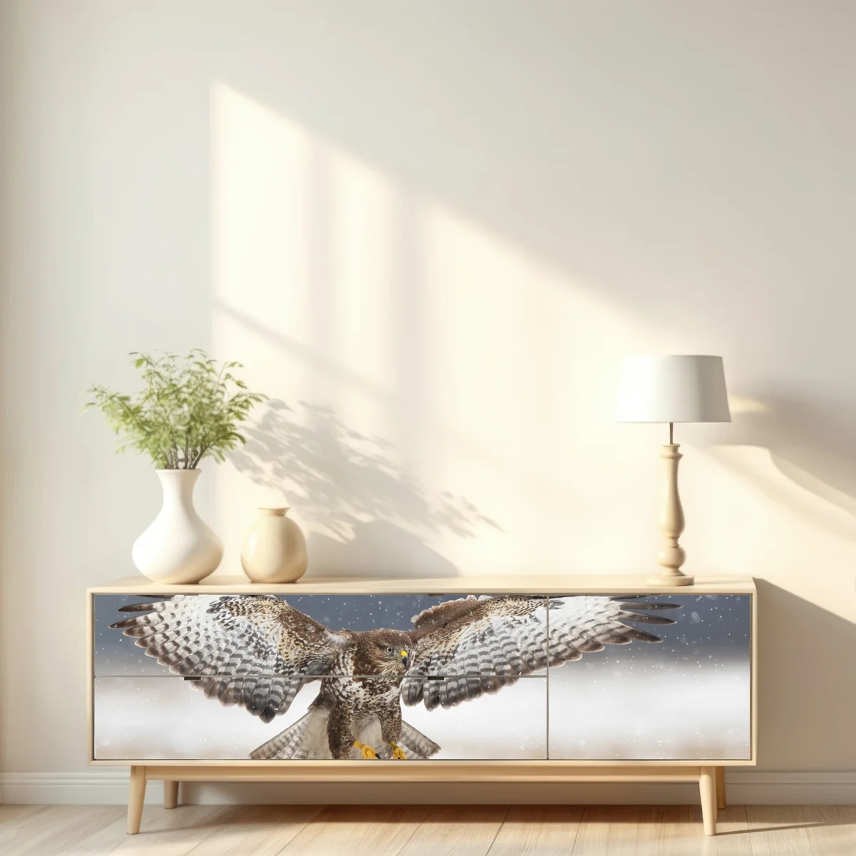 Repositionierbarer Aufkleber mäusebussard landet im schnee Repositionierbarer Aufkleber mäusebussard landet im schnee