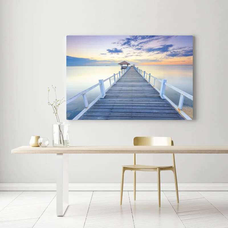 Leinwandbild ruhiger hölzerner steg bei sonnenuntergang Leinwandbild ruhiger hölzerner steg bei sonnenuntergang