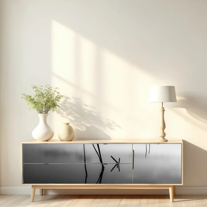 Repositionierbarer Aufkleber ruhiger monochromer see mit reflexionen