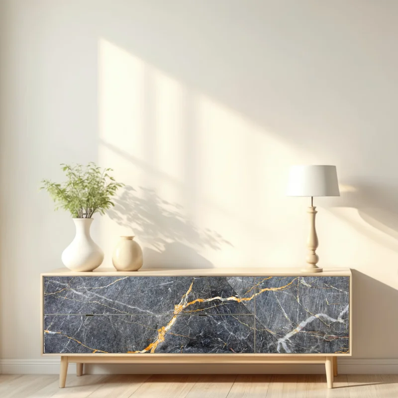 Repositionierbarer Aufkleber dunkelgrauer marmor mit goldenen adern