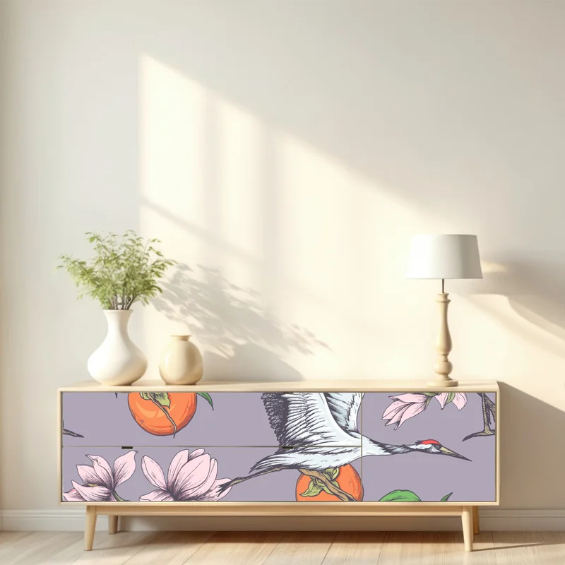 Repositionierbarer Aufkleber anmutige kraniche und kakis mit magnolien