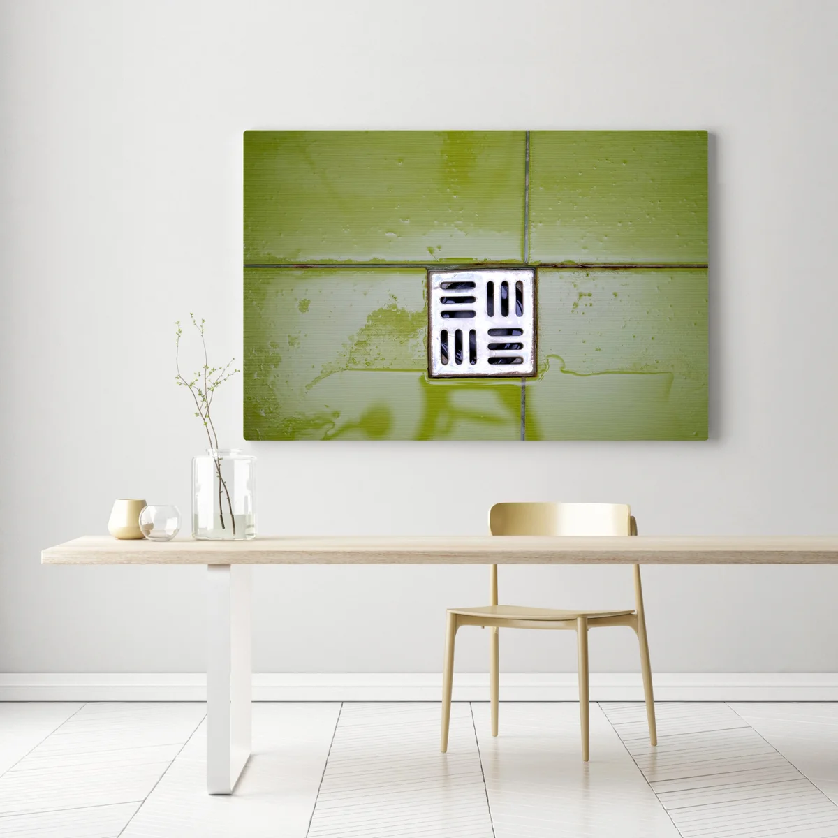 Leinwandbild Duschrost auf dem Boden. Draufsicht Abflussloch im Badezimmer. Nasse grüne Fliesen und Metallbodengitter. • Leinwandbilder bei Wallnifity® Leinwandbild Duschrost auf dem Boden. Draufsicht Abflussloch im Badezimmer. Nasse grüne Fliesen und Metallbodengitter. • Leinwandbilder bei Wallnifity®