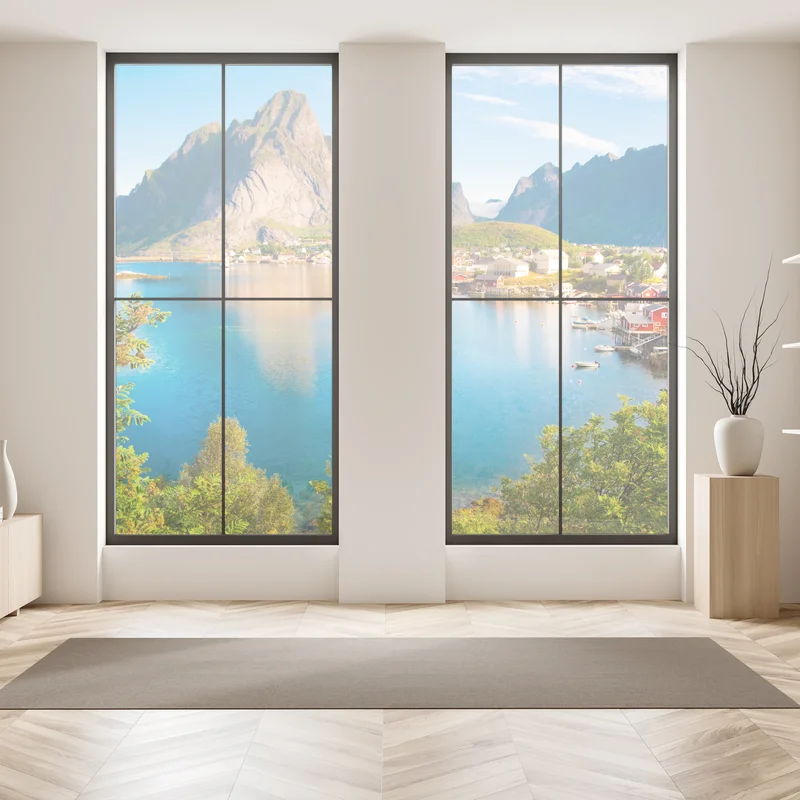 Fensteraufkleber ruhiges fjorddorf mit bergen und spiegelungen