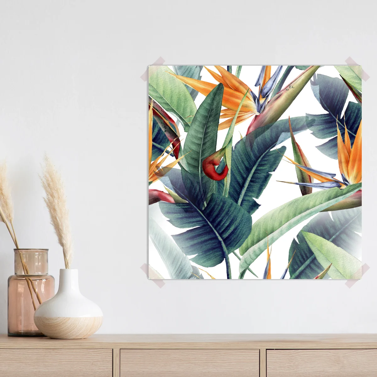 Poster aquarell strelitzia und tropische blätter muster • Poster bei Wallnifity® Poster aquarell strelitzia und tropische blätter muster • Poster bei Wallnifity®