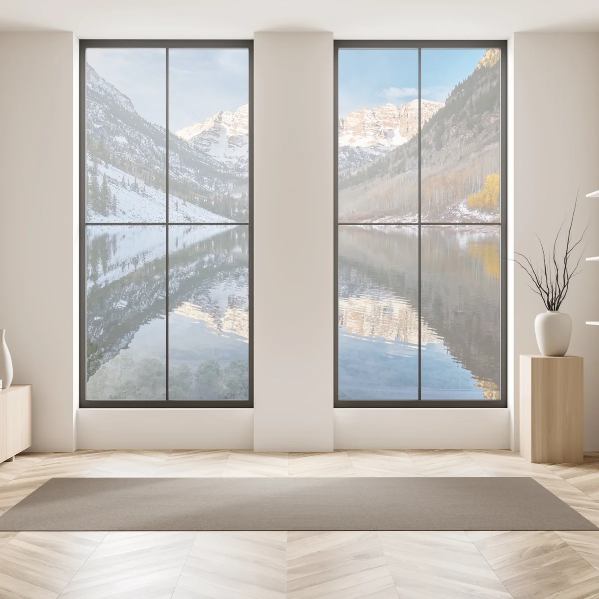 Fensteraufkleber ruhiger alpensee, der schneebedeckte gipfel und bunte herbstbäume spiegelt Fensteraufkleber ruhiger alpensee, der schneebedeckte gipfel und bunte herbstbäume spiegelt