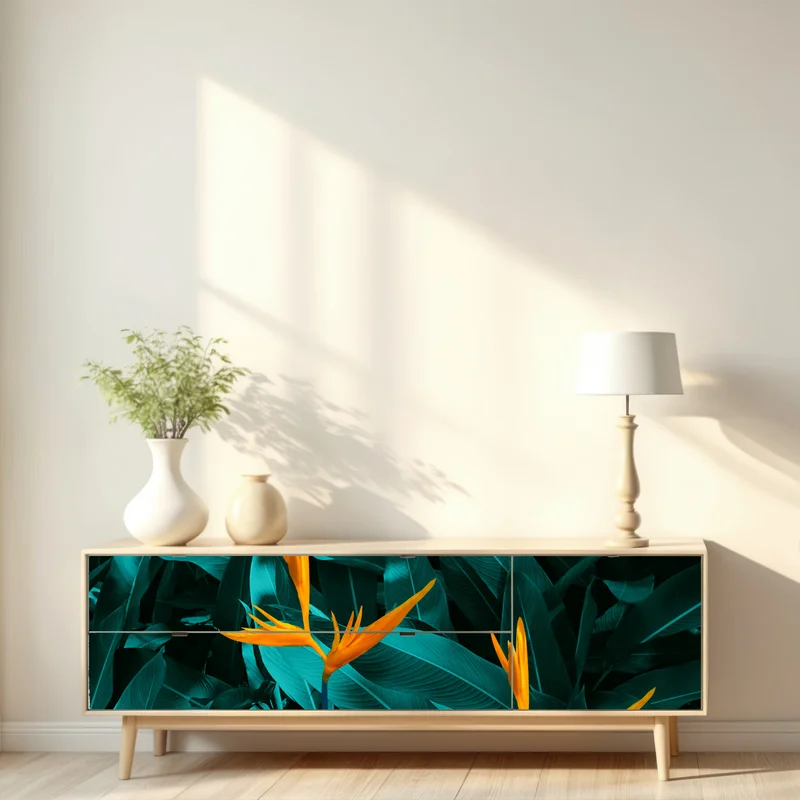 Repositionierbarer Aufkleber tropische strelitzie auf türkisfarbenen blättern Repositionierbarer Aufkleber tropische strelitzie auf türkisfarbenen blättern