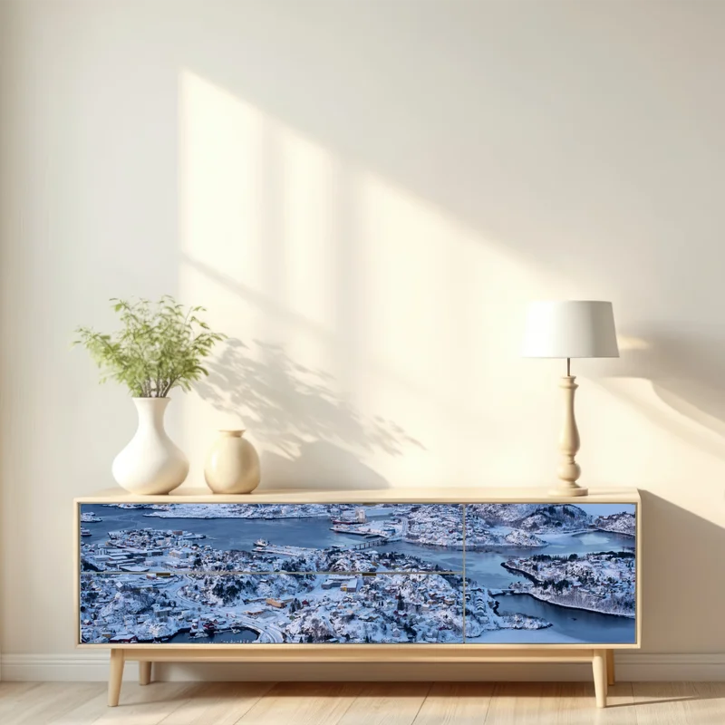 Repositionierbarer Aufkleber winterliche luftaufnahme des hafens von Svolvaer, Norwegen