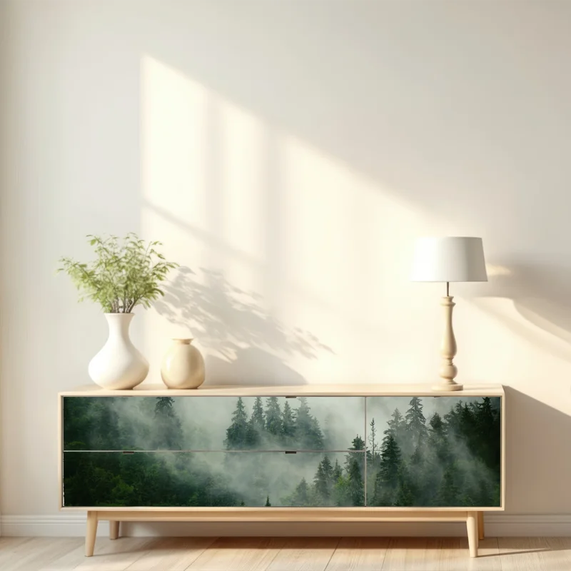 Repositionierbarer Aufkleber nebliger nadelwald