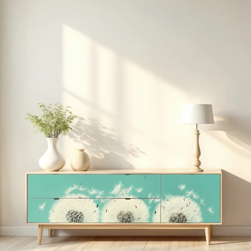 Repositionierbarer Aufkleber drei löwenzahn-pusteblumen auf türkisgrund