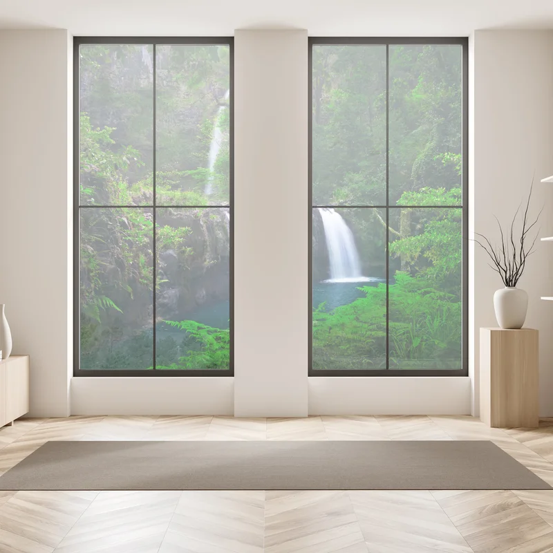 Fensteraufkleber beruhigender wasserfall im smaragdgrünen wald