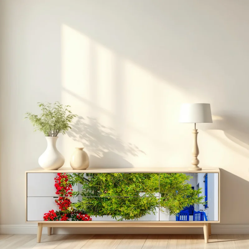 Repositionierbarer Aufkleber sonniger mediterraner innenhof mit bougainvillea