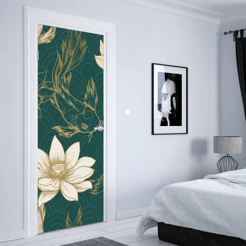 Türaufkleber orientalisches koi- und lotosmuster in türkis und gold