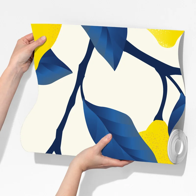 Fototapete lebhaftes zitronenmuster mit blauen blättern Fototapete lebhaftes zitronenmuster mit blauen blättern