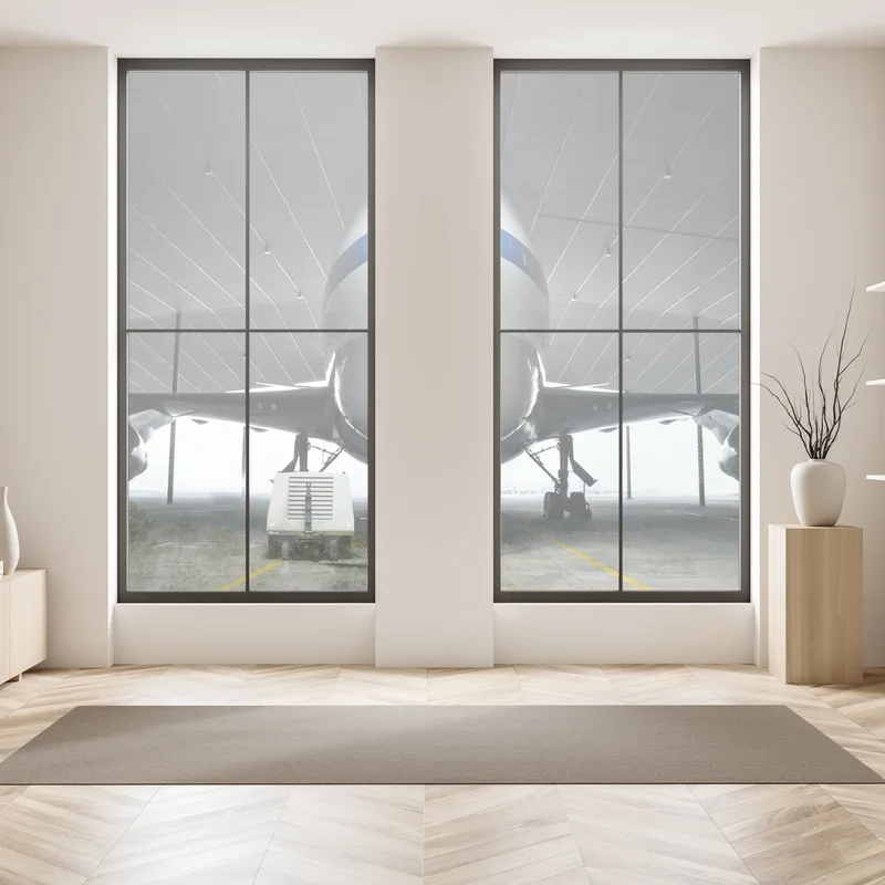 Naklejka na okno samolot towarowy w hangarze - widok z przodu