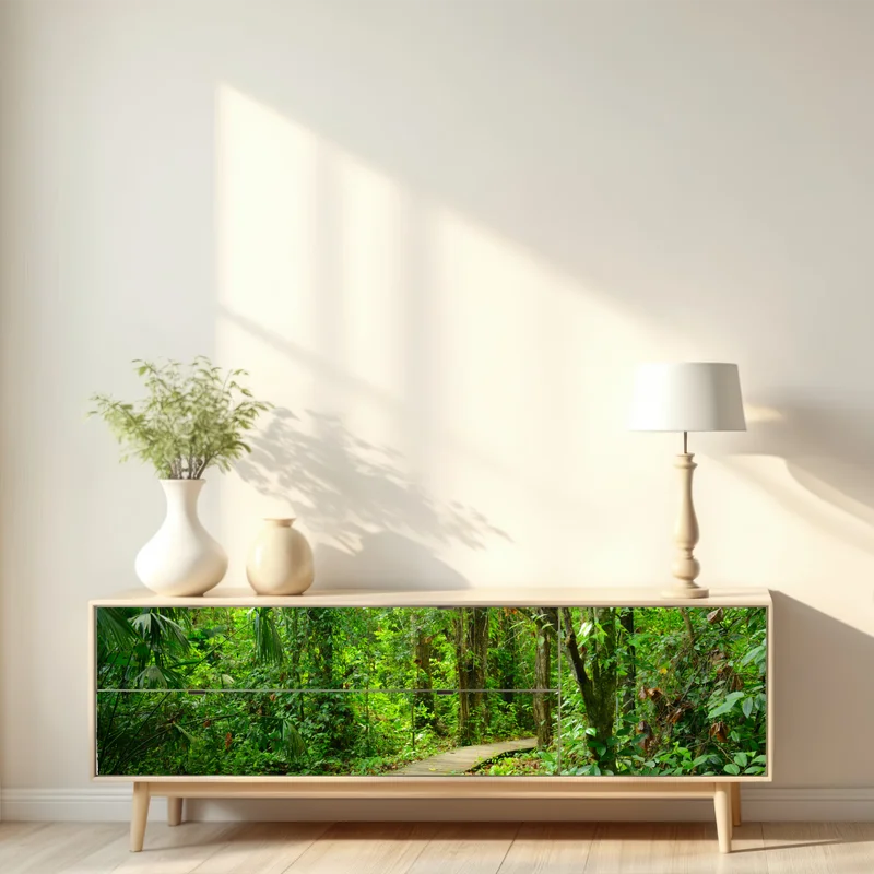 Repositionierbarer Aufkleber tropischer steg im üppigen wald