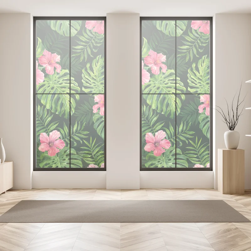 Fensteraufkleber tropisches monstera- und hibiskus-motiv Fensteraufkleber tropisches monstera- und hibiskus-motiv