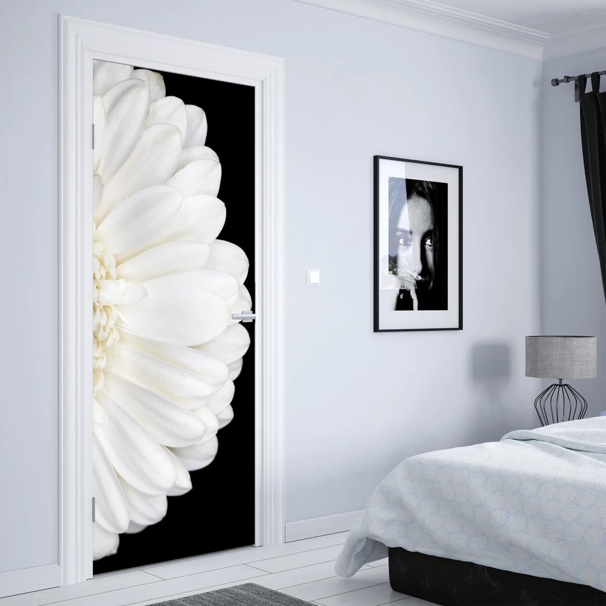 Türaufkleber weiße gerbera auf schwarzem hintergrund minimalistische nahaufnahme Türaufkleber weiße gerbera auf schwarzem hintergrund minimalistische nahaufnahme
