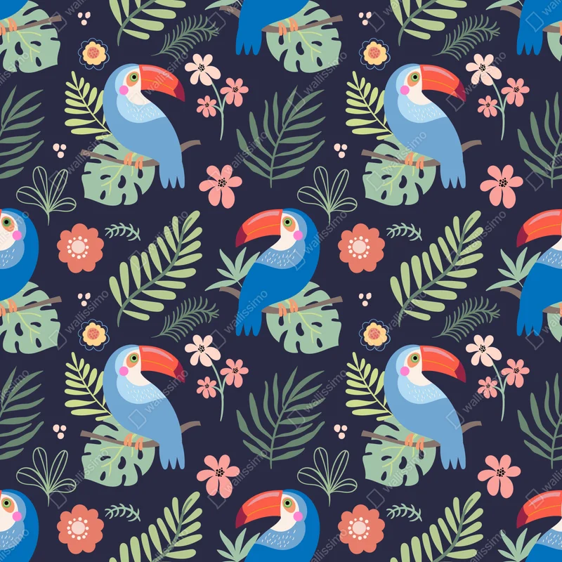 Repositionierbarer Aufkleber tropisches tukanmuster auf dunkelblauem hintergrund Repositionierbarer Aufkleber tropisches tukanmuster auf dunkelblauem hintergrund