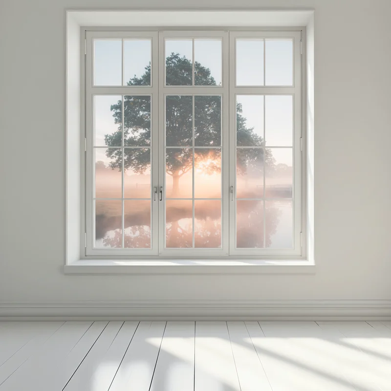 Fensteraufkleber nebeliger sonnenaufgang am eichenbaum