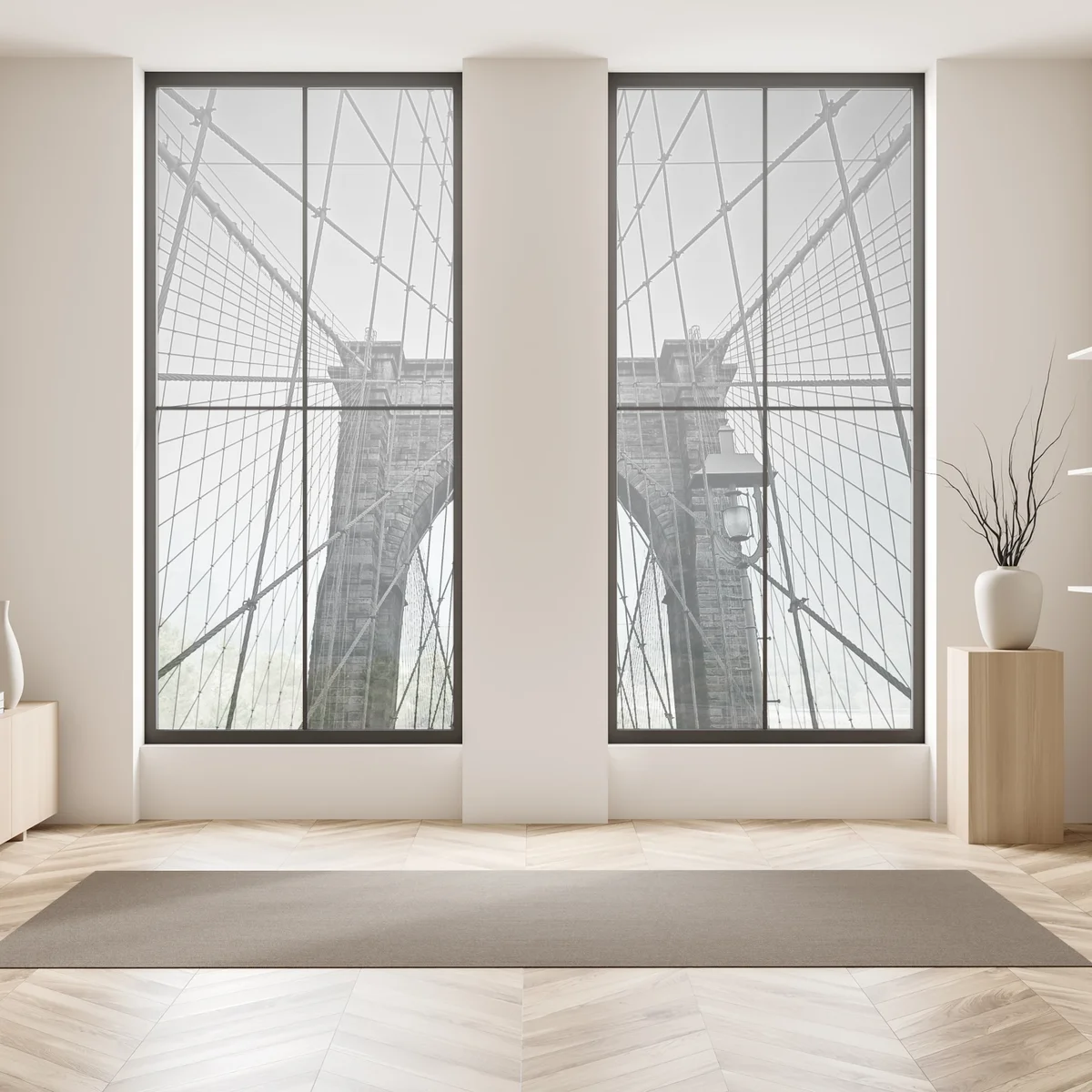 Fensteraufkleber symmetrische hängebrücke in schwarzweiß Fensteraufkleber symmetrische hängebrücke in schwarzweiß