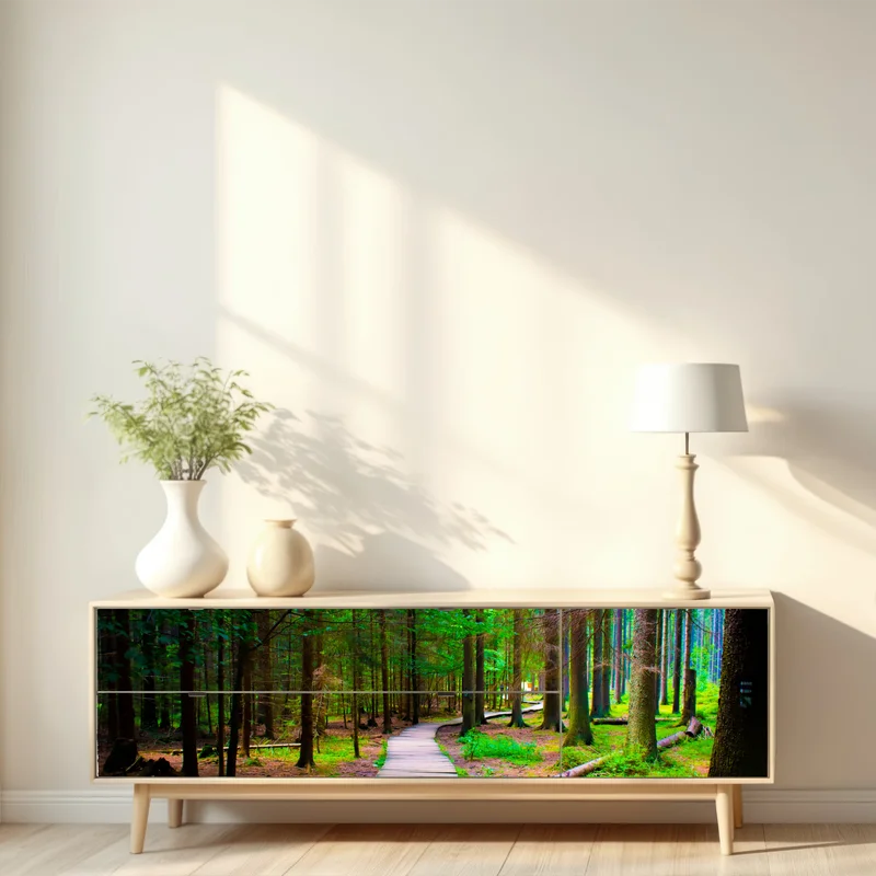 Repositionierbarer Aufkleber ruhiger waldsteg im grünen