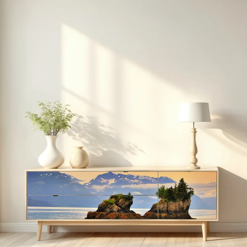 Repositionierbarer Aufkleber ruhige inselspiegelungen bei sonnenuntergang