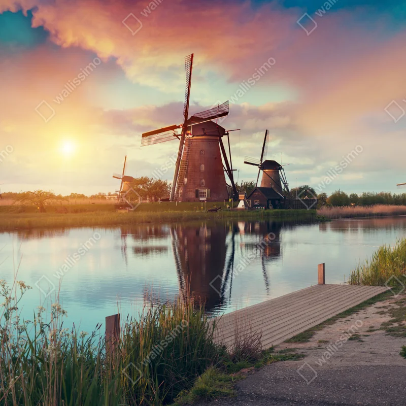 Repositionierbarer Aufkleber sonnenuntergang über windmühlen in den Niederlanden Repositionierbarer Aufkleber sonnenuntergang über windmühlen in den Niederlanden