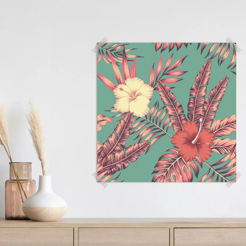 Poster tropisches hibiskus-blumenmuster auf türkis • Poster bei Wallnifity® Poster tropisches hibiskus-blumenmuster auf türkis • Poster bei Wallnifity®