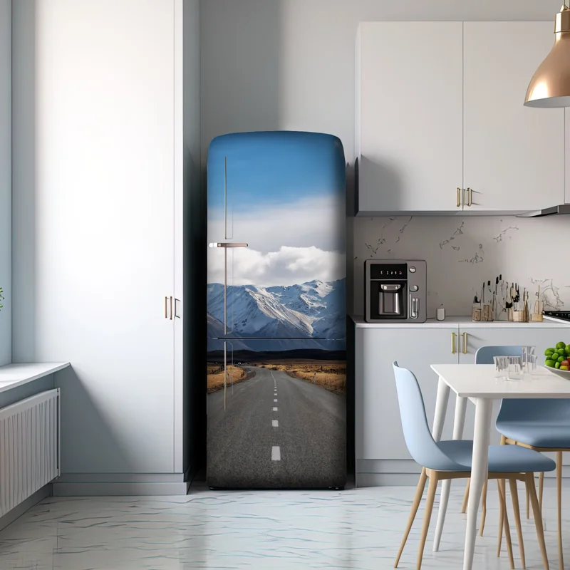 Kühlschrankaufkleber straße zur schneebedeckten bergwelt, Neuseeland