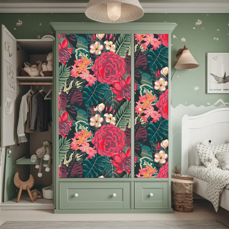 Schrankaufkleber tropisches blumenmuster in rosa und türkis