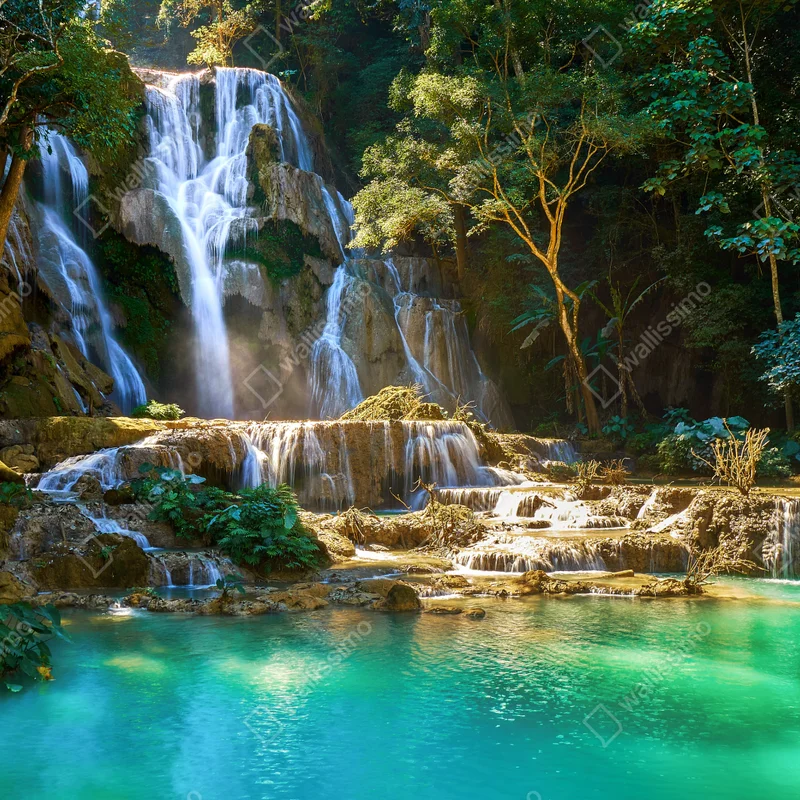 Türaufkleber türkisfarbener wasserfall im üppigen wald Türaufkleber türkisfarbener wasserfall im üppigen wald