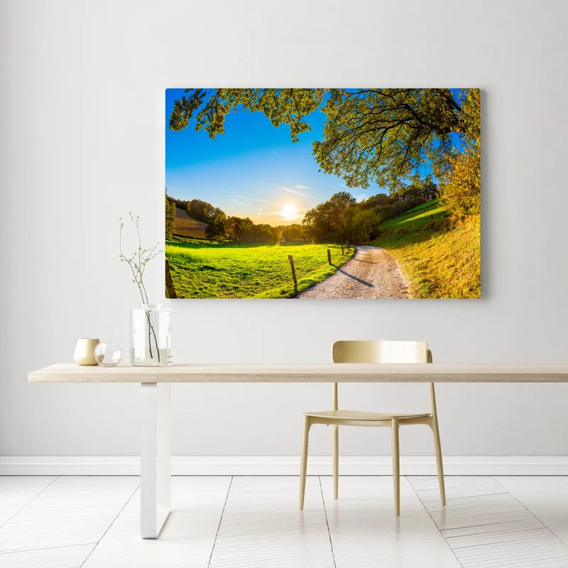 Leinwandbild sonnenbeschienene wiese mit landweg bei sonnenuntergang Leinwandbild sonnenbeschienene wiese mit landweg bei sonnenuntergang