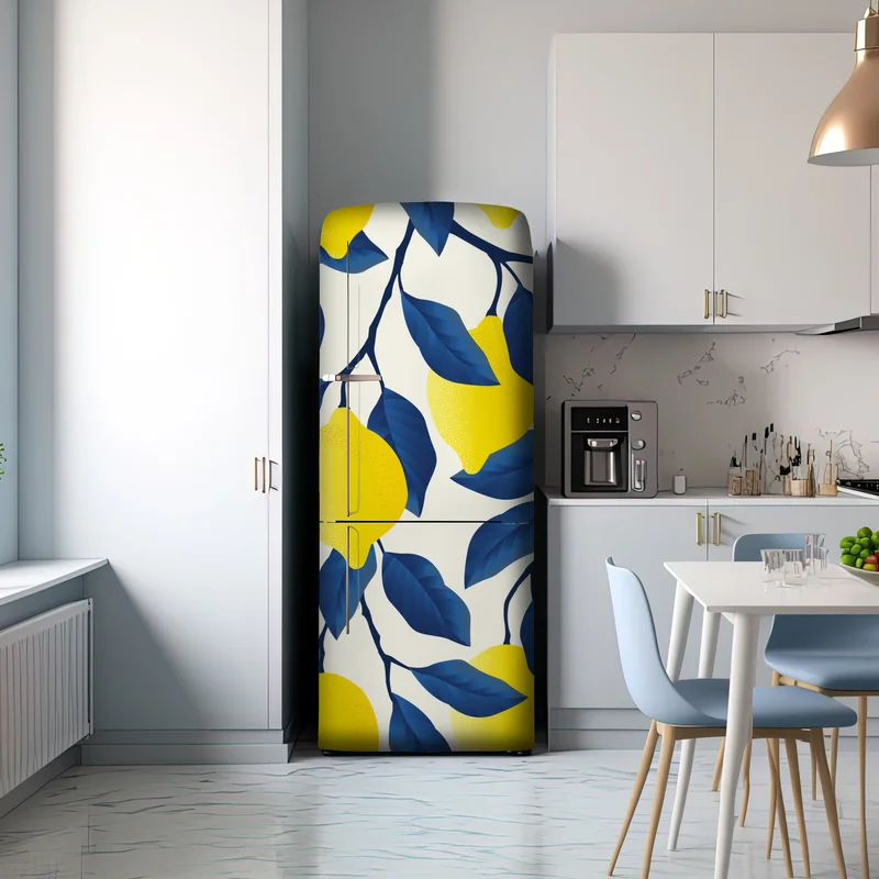 Kühlschrankaufkleber lebhaftes zitronenmuster mit blauen blättern