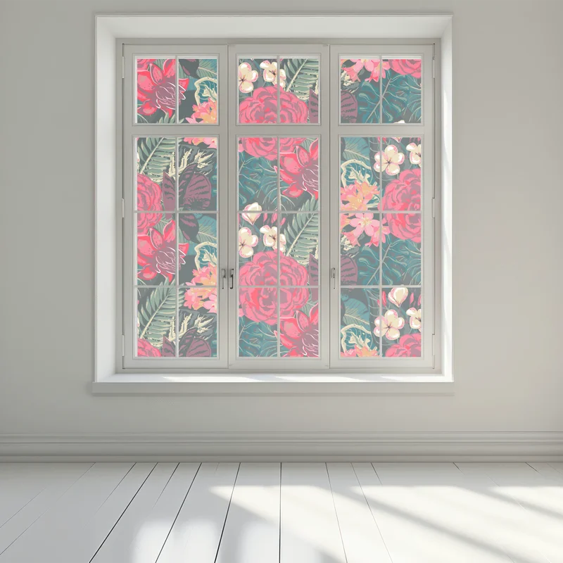 Fensteraufkleber tropisches blumenmuster in rosa und türkis