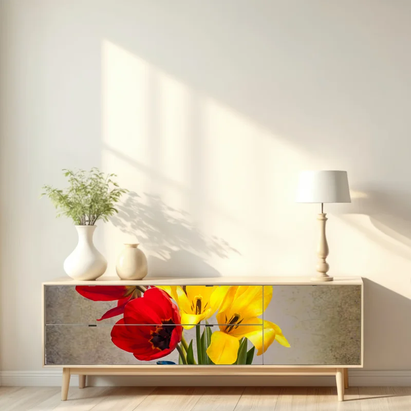 Repositionierbarer Aufkleber bunter tulpenstrauß im blauen krug