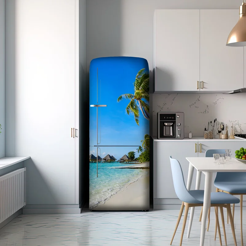 Kühlschrankaufkleber tropischer türkisfarbener strand mit palmen
