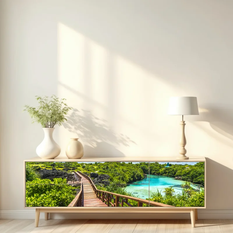 Repositionierbarer Aufkleber tropischer holzsteg zur türkislagune