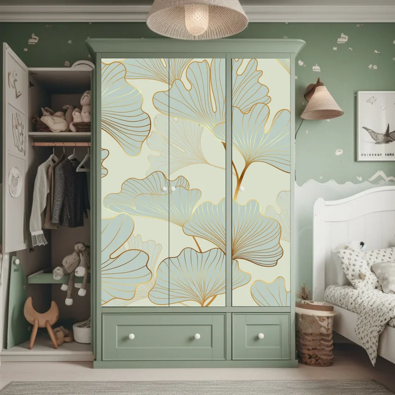 Schrankaufkleber pastell ginkgo blättermuster mit goldakzenten