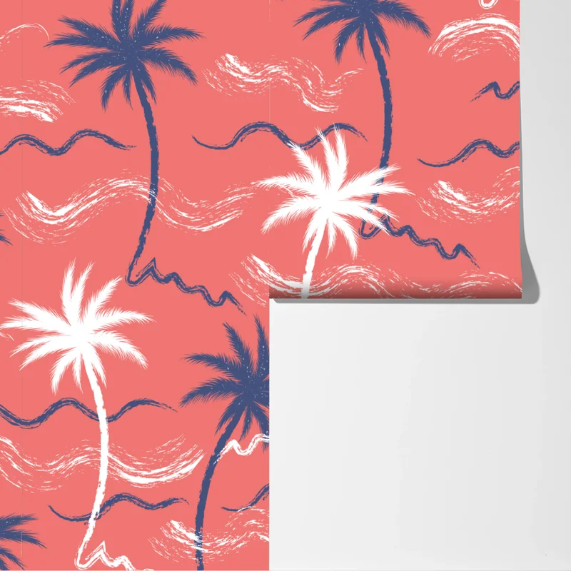 Fototapeta tropikalny wzór palm w kolorze koralowym i granatowym Fototapeta tropikalny wzór palm w kolorze koralowym i granatowym