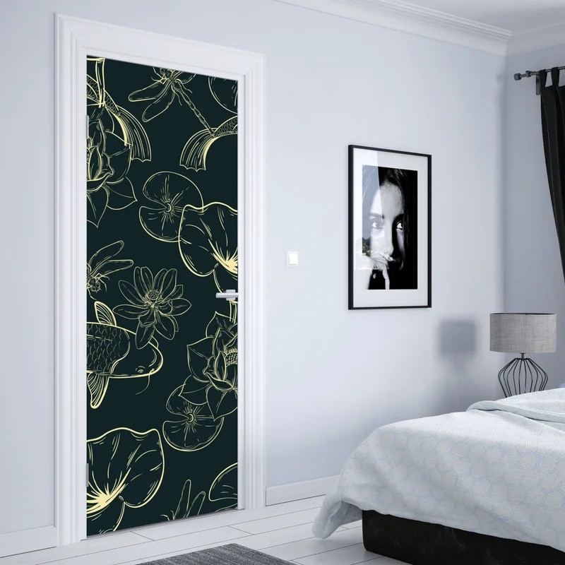 Türaufkleber handgezeichnetes koi- und lotusmuster