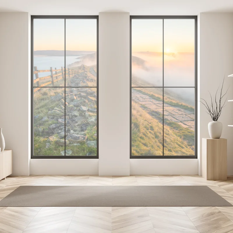 Fensteraufkleber sonnenaufgang über einem nebligen bergrücken mit steinweg