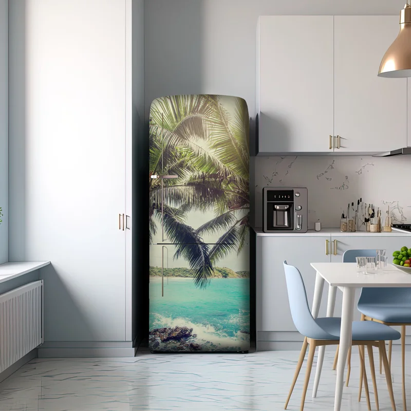 Kühlschrankaufkleber tropische kokospalmen am türkisfarbenen meer