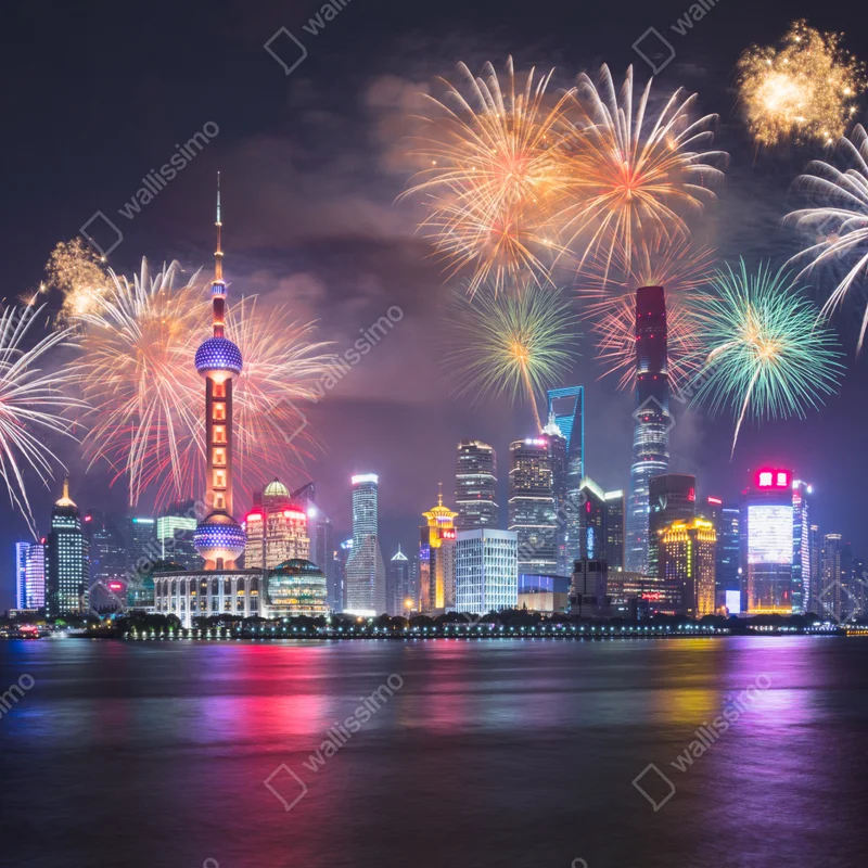 Poster Shanghai skyline mit feuerwerk über dem Huangpu Poster Shanghai skyline mit feuerwerk über dem Huangpu