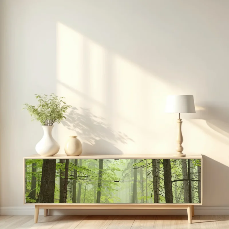 Repositionierbarer Aufkleber nebliger grüner waldpfad