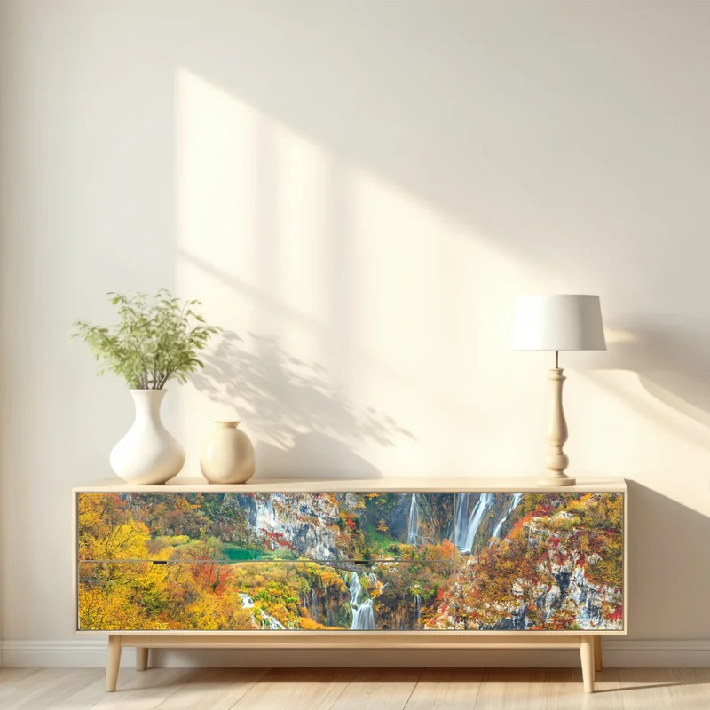 Repositionierbarer Aufkleber herbstliche wasserfälle in einem farbenfrohen wald