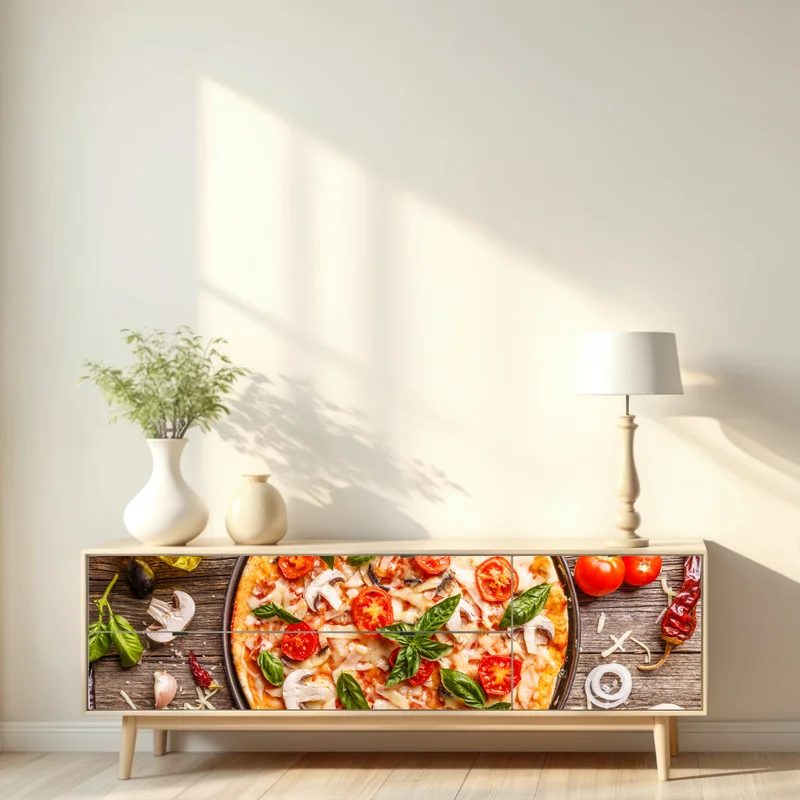 Repositionierbarer Aufkleber frische pizza mit basilikum und cherrytomaten