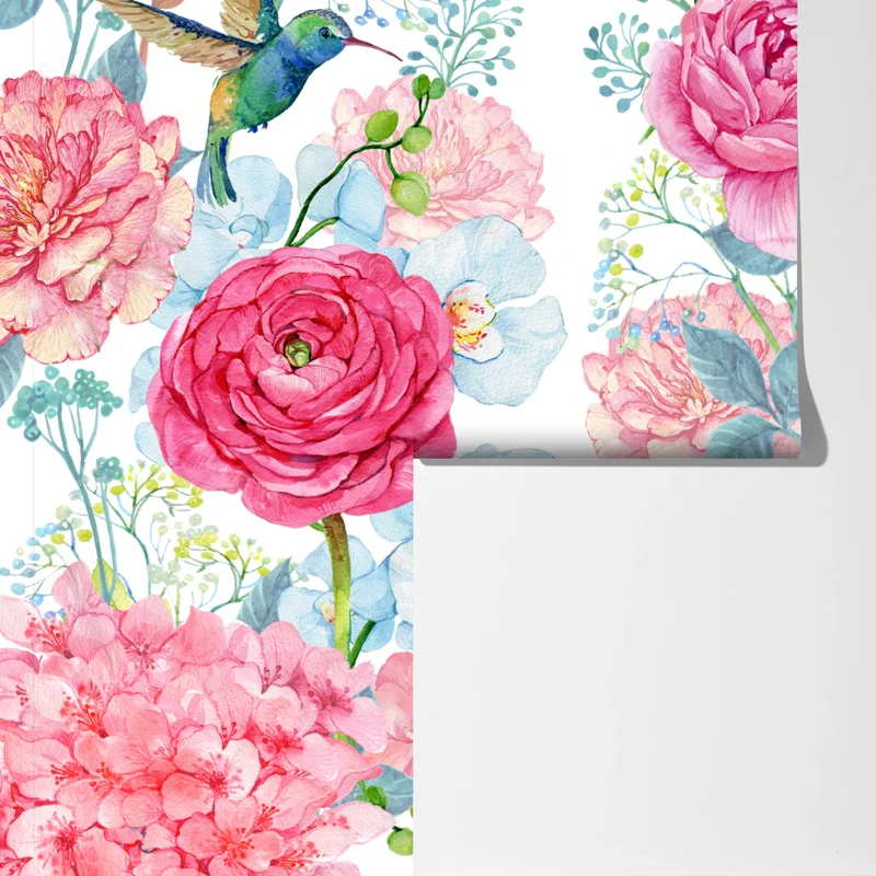 Fototapete rosa aquarell blumengarten mit kolibri Fototapete rosa aquarell blumengarten mit kolibri